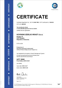 IATF 16949 certificate held by Kovinski izdelki Hrast