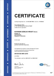 BS EN ISO 9001:2015 certificate held by Kovinski izdelki Hrast
