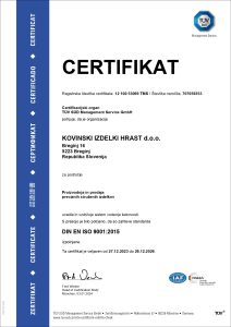Certifikat BS EN ISO 9001:2015 podjetja Kovinski izdelki Hrast d.o.o.