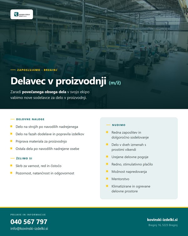 Recruitment poster for the production worker position, in Slovene – Kovinski izdelki Hrast, Breginj