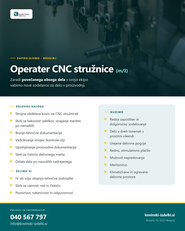 Recruitment poster for the CNC operator position, in Slovene – Kovinski izdelki Hrast, Breginj