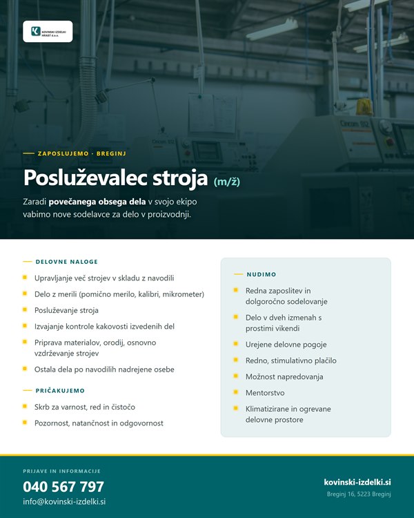 Recruitment poster for the machine operator position, in Slovene – Kovinski izdelki Hrast, Breginj